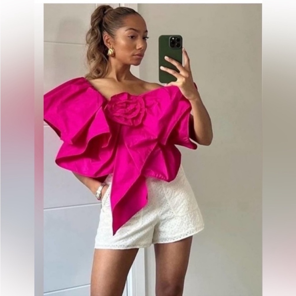 ZARA FUCHSIA Pink RUFFLED ASYMMETRIC FLOWER One Shoulder TOP NEW
